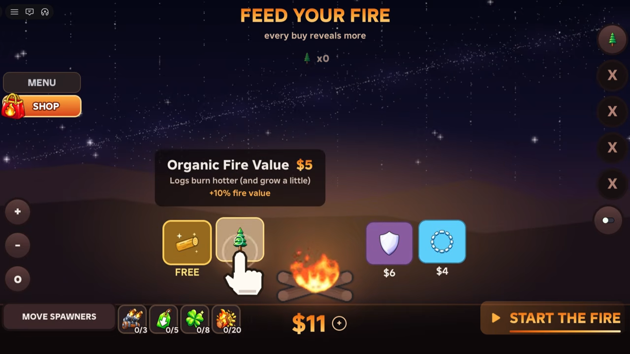 Organic Fire Value upgrade selected in the Feed Your Fire panel