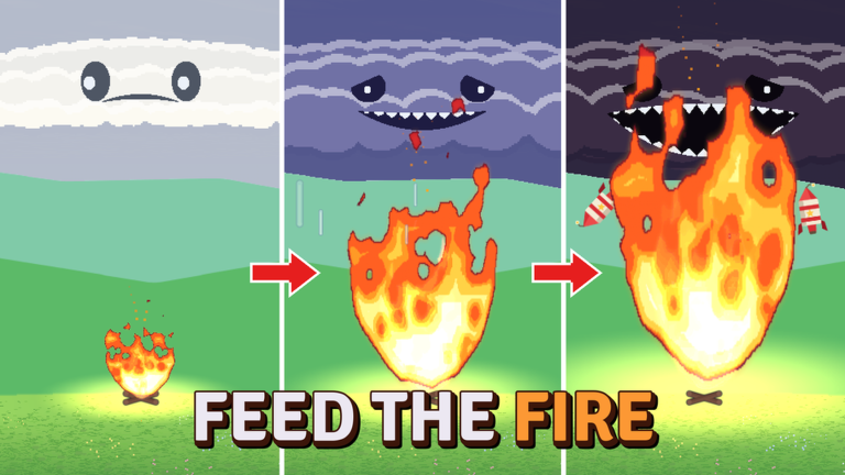 Three panels showing a fire growing from a small campfire to a huge flame as storm clouds turn angrier in Feed the Fire